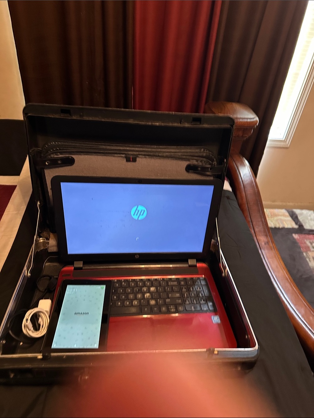 Amazon Fire Tablet in Black with Black Folio Cover, HP laptop, black briefcase